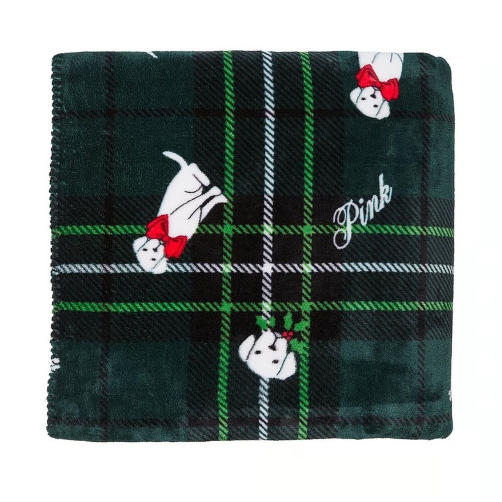 Victoria's Secret Pink Plaid Green and Yellow Dog Print Blanket NWT!